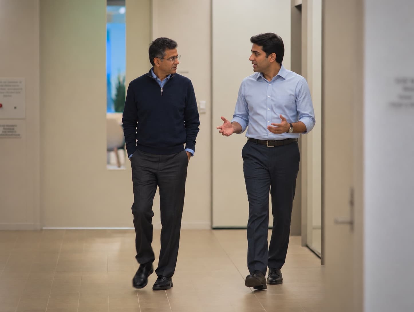 Two coworkers talking as they walk down an office corridor