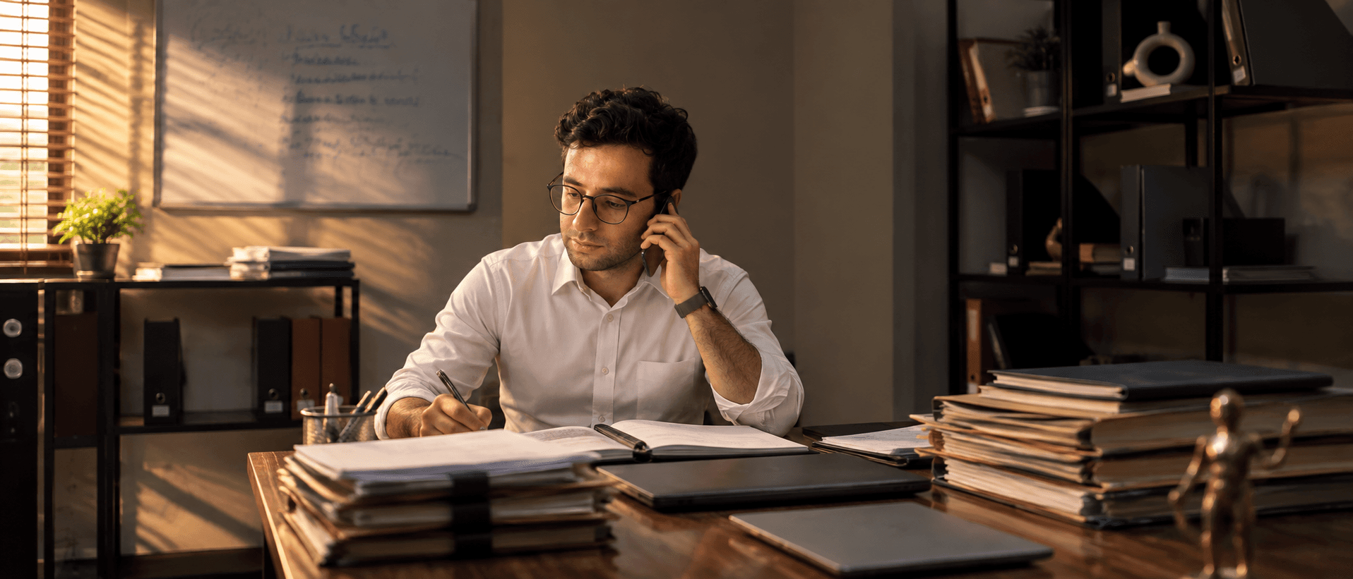 A lawyer in a suit taking notes at his desk