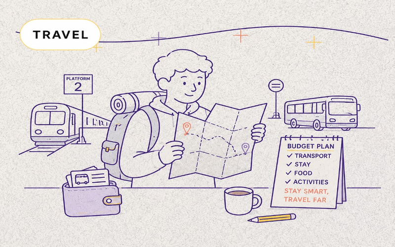 Sketch of a traveler with a map, train, bus, and budget planning notes