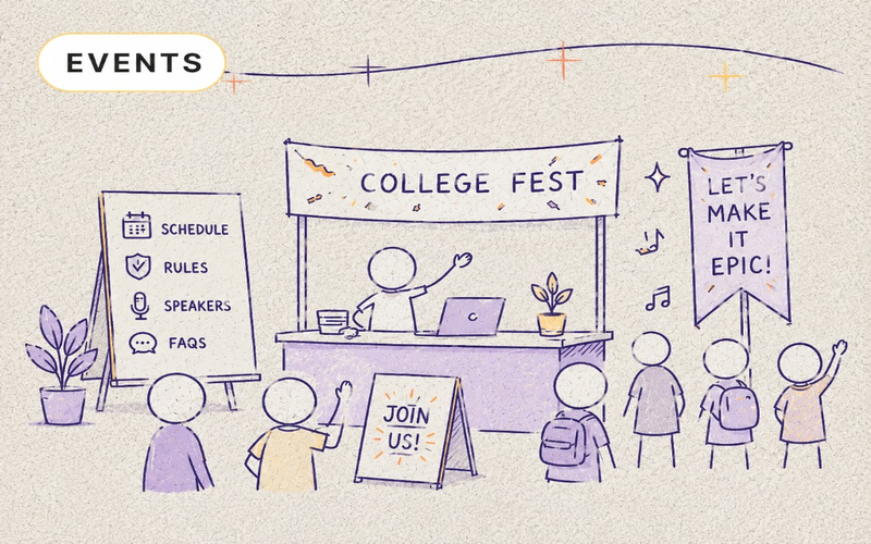 Sketch of a college fest information booth with schedules, rules, and FAQs