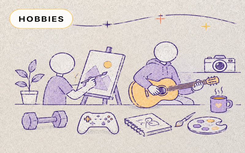 Sketch of people painting and playing guitar with hobby items nearby