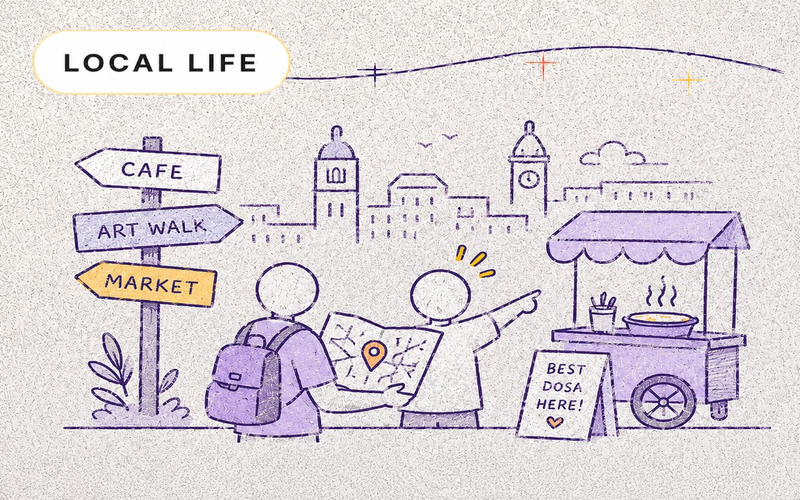Sketch of two people exploring a city with a signpost and a dosa food cart