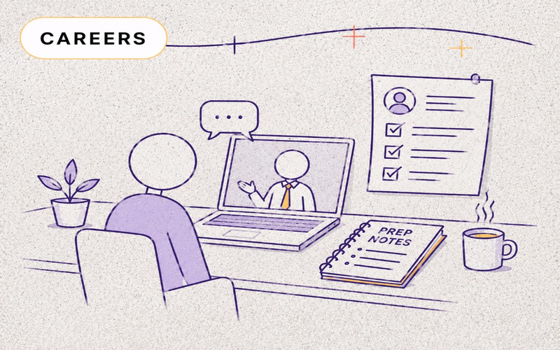 Sketch of a person at a desk practicing a mock interview on a laptop