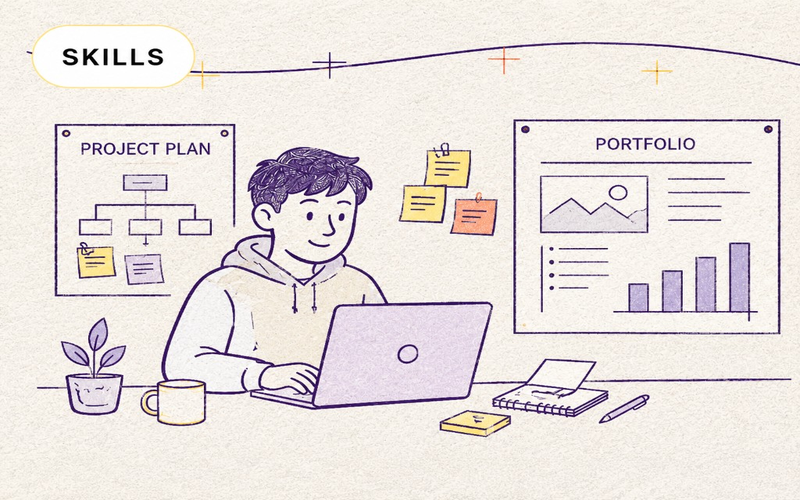 Sketch of a student working on a laptop with project plan and portfolio posters