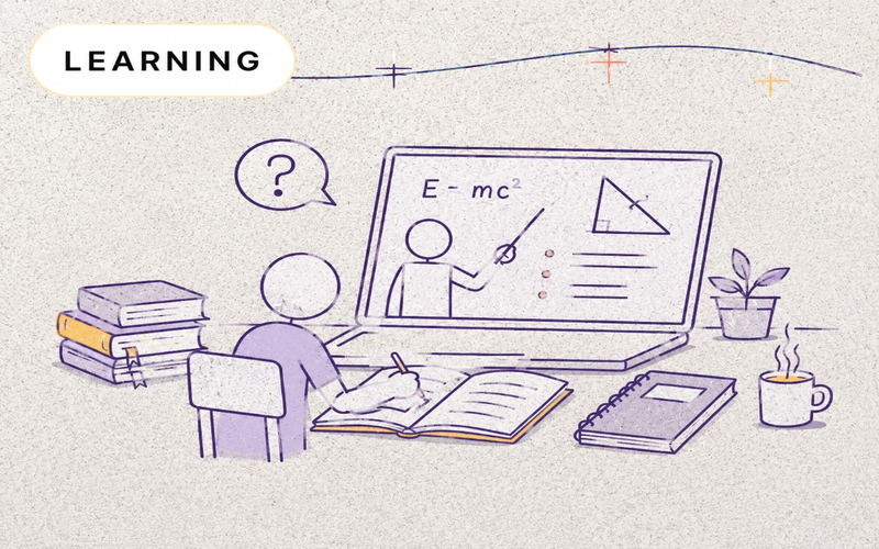 Sketch of a student at a desk learning from a virtual teacher on a laptop